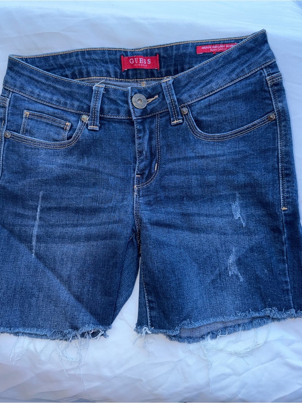 Guess Dark Blue Denim Cutoff Shorts with Frayed Hem